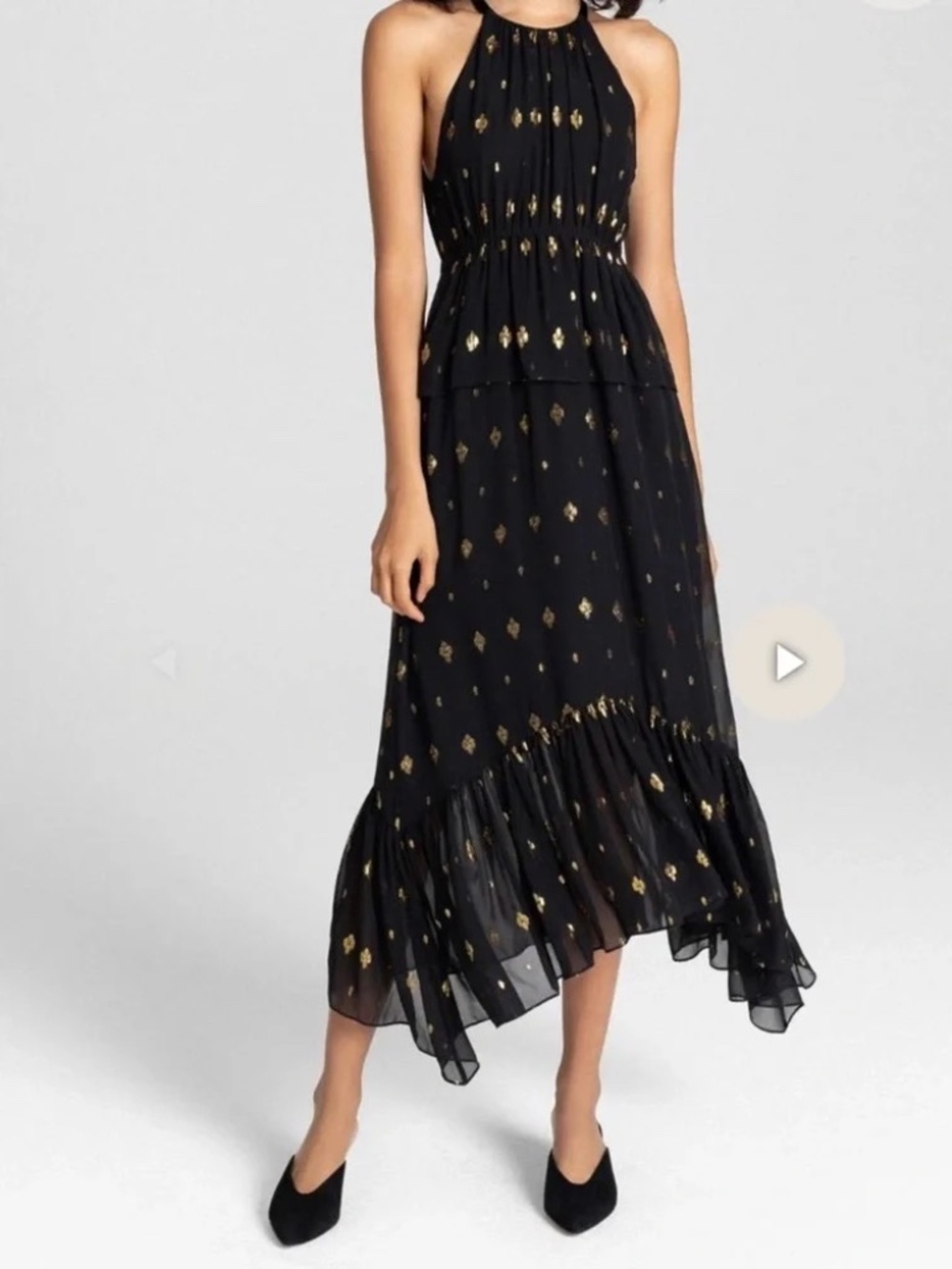 A.L.C. Rosa Dress Midi Black Gold Metallic High Low Sleeveless Keyhole 6